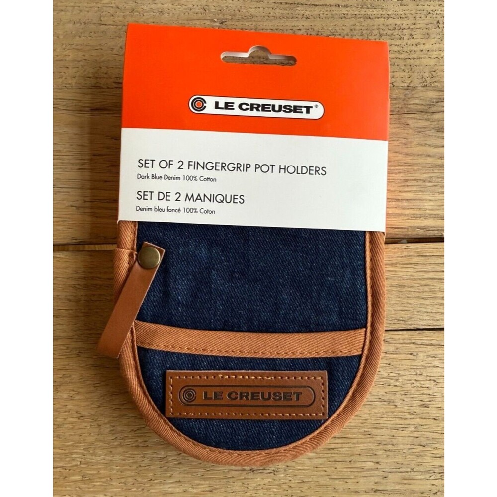 Le Creuset 100% Set of 2 Fingergrip Pot Holders Dark Blue Denim NEW